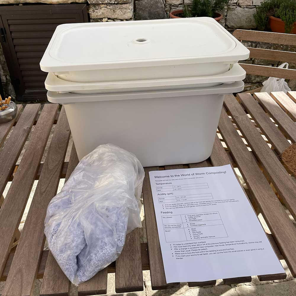 Basic worm composting kit with bedding, instructions, and two stackable bins placed on a wooden table